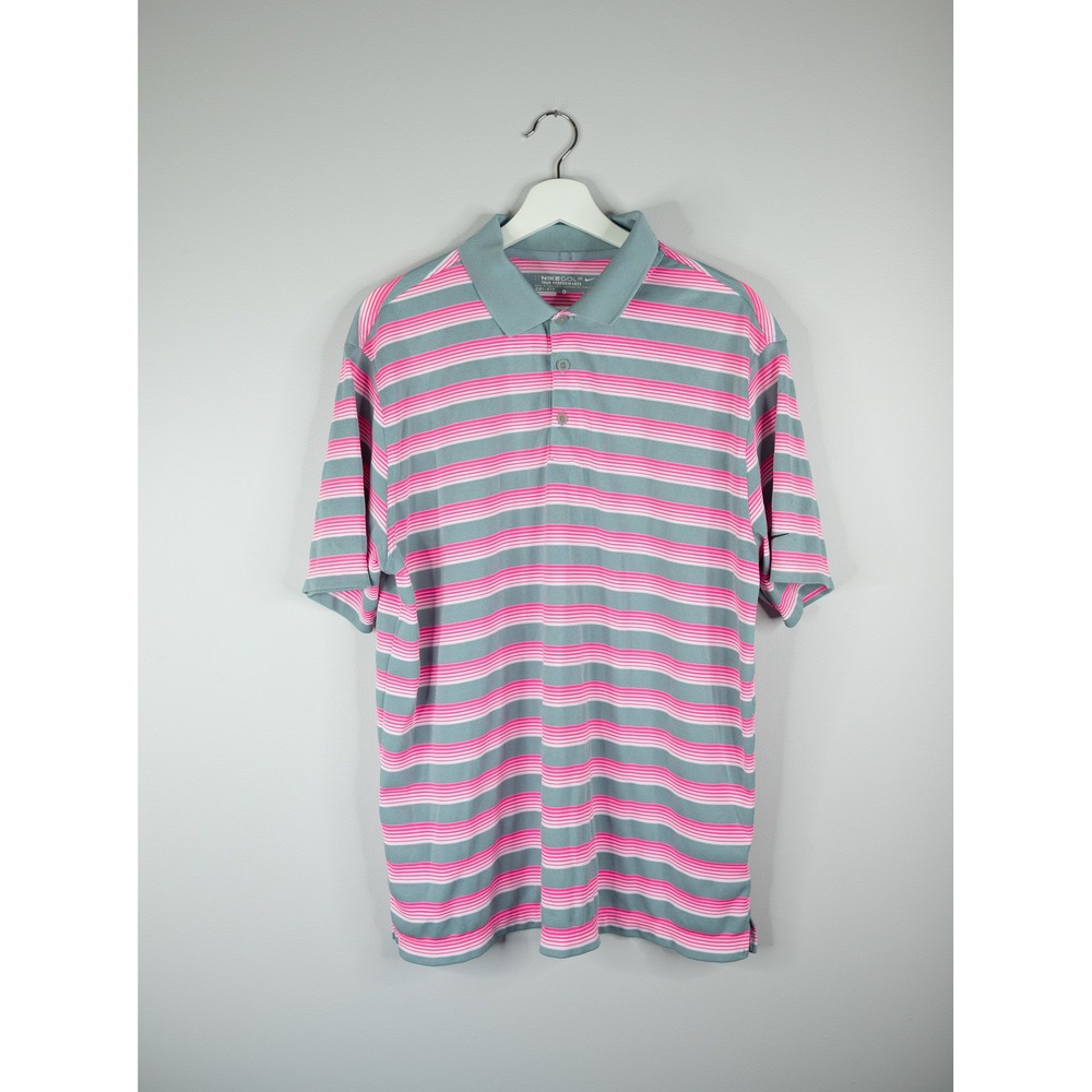 Nike Golf Polo Shirt Mens Large Grey Pink Excellent Dri-FIT Striped casual